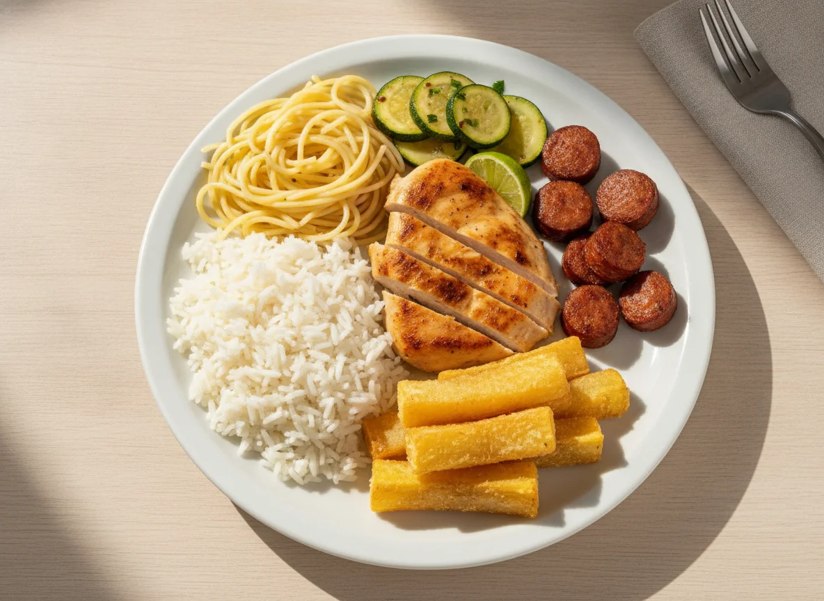 Prato feito brasileiro com arroz, macarrão, frango, linguiça e mandioca photo
