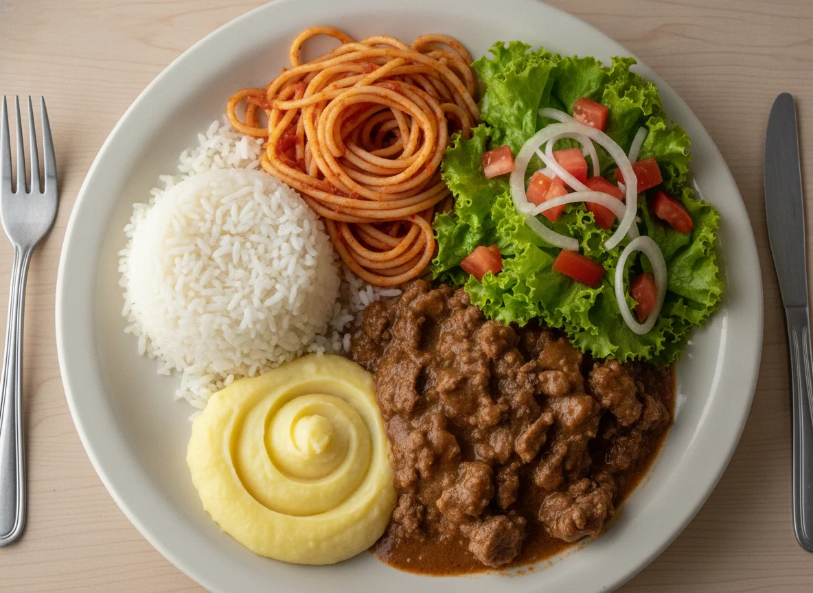 Prato feito brasileiro com arroz, macarrão, purê e salada photo