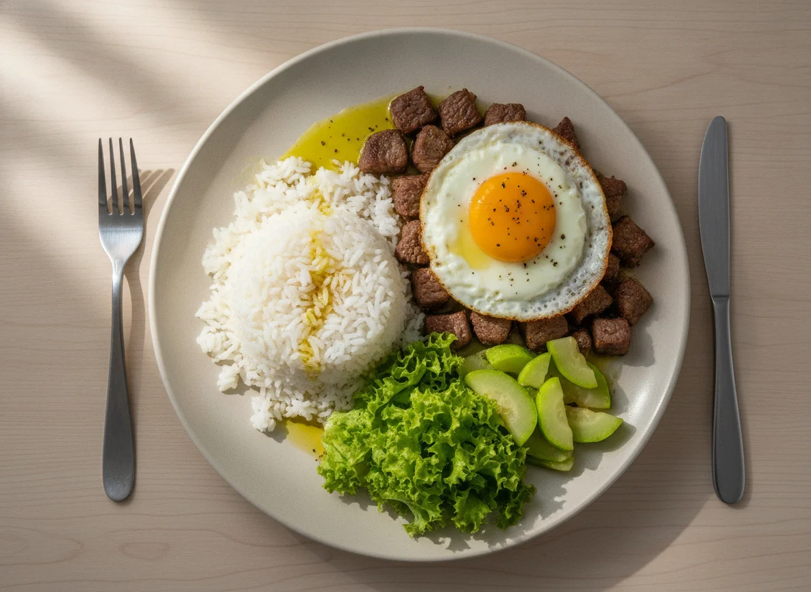 Prato feito brasileiro com arroz, ovo, carne e salada photo