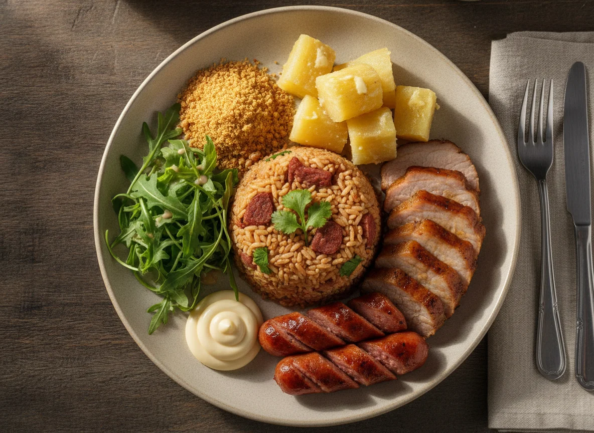 Prato Feito Brasileiro com Baião de Dois e Carne de Porco photo