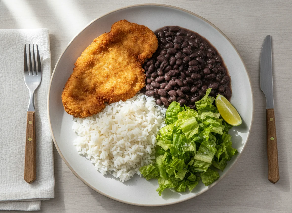 Prato feito brasileiro com bife à milanesa, arroz, feijão e salada photo