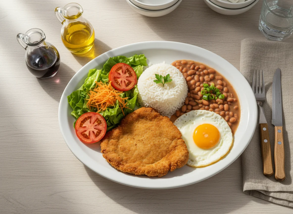 Prato feito brasileiro com bife à milanesa, arroz, feijão, ovo frito e salada photo
