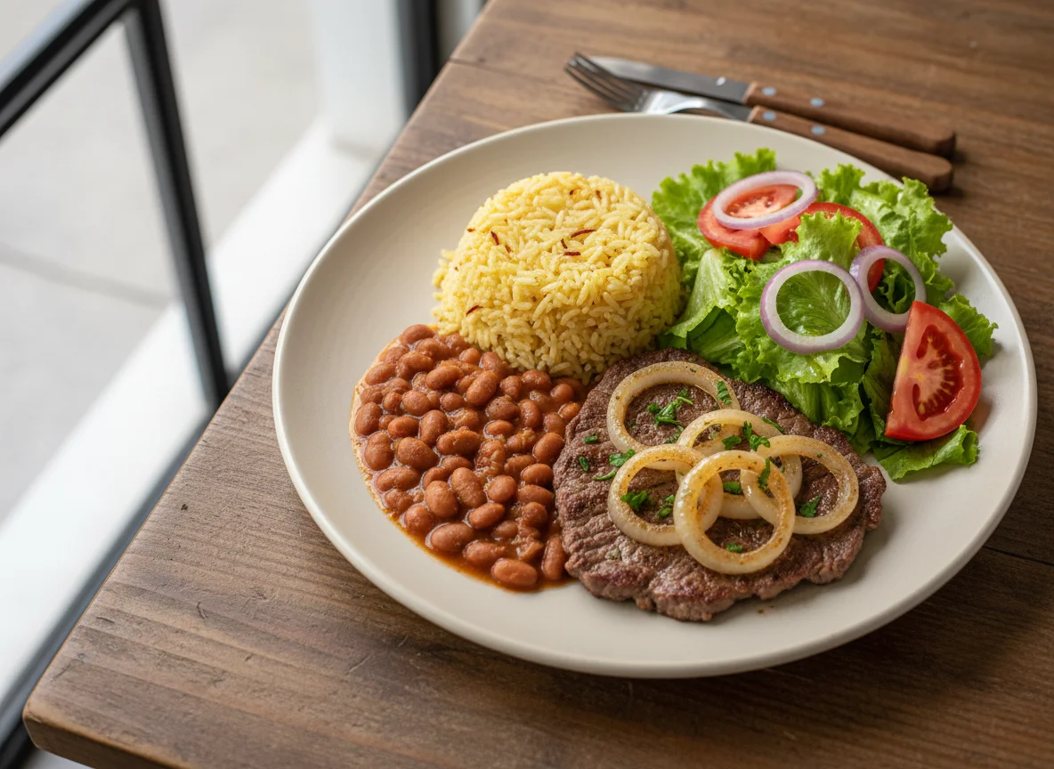 Prato feito brasileiro com bife acebolado, arroz com feijão e salada photo