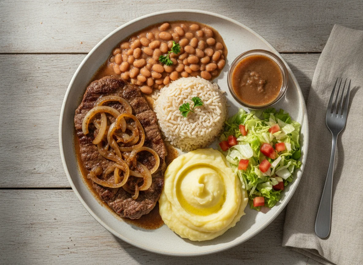 Prato Feito Brasileiro com Bife Acebolado, Arroz, Feijão, Purê e Salada photo