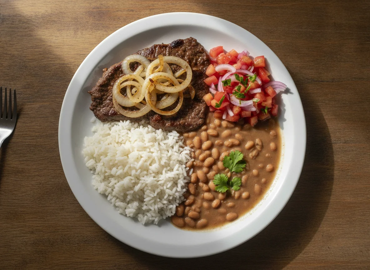 Prato feito brasileiro com bife acebolado, arroz, feijão e salada de tomate photo