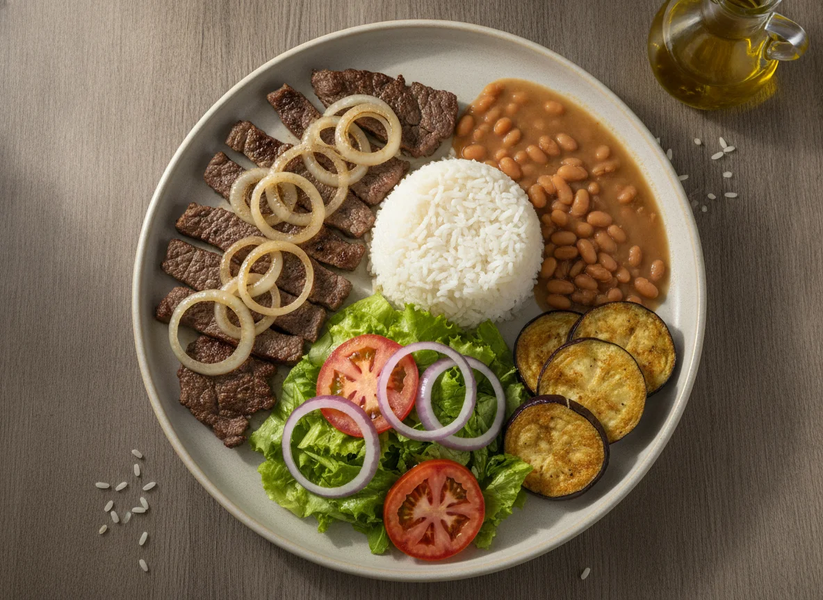 Prato feito brasileiro com bife acebolado, arroz, feijão, salada e berinjela photo