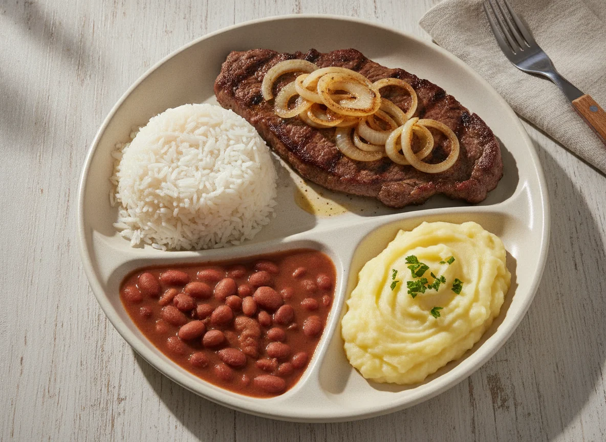 Prato feito brasileiro com bife acebolado, arroz, feijão e purê de batata photo
