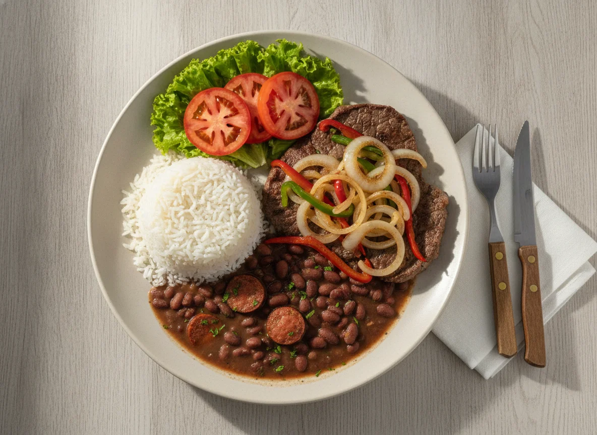 Prato Feito Brasileiro com Bife Acebolado, Arroz, Feijão com Linguiça e Salada photo