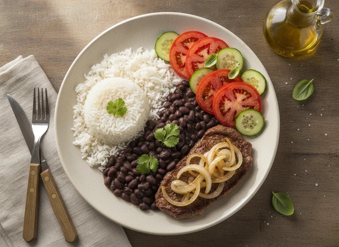 Prato feito brasileiro com bife acebolado, arroz, feijão e salada photo