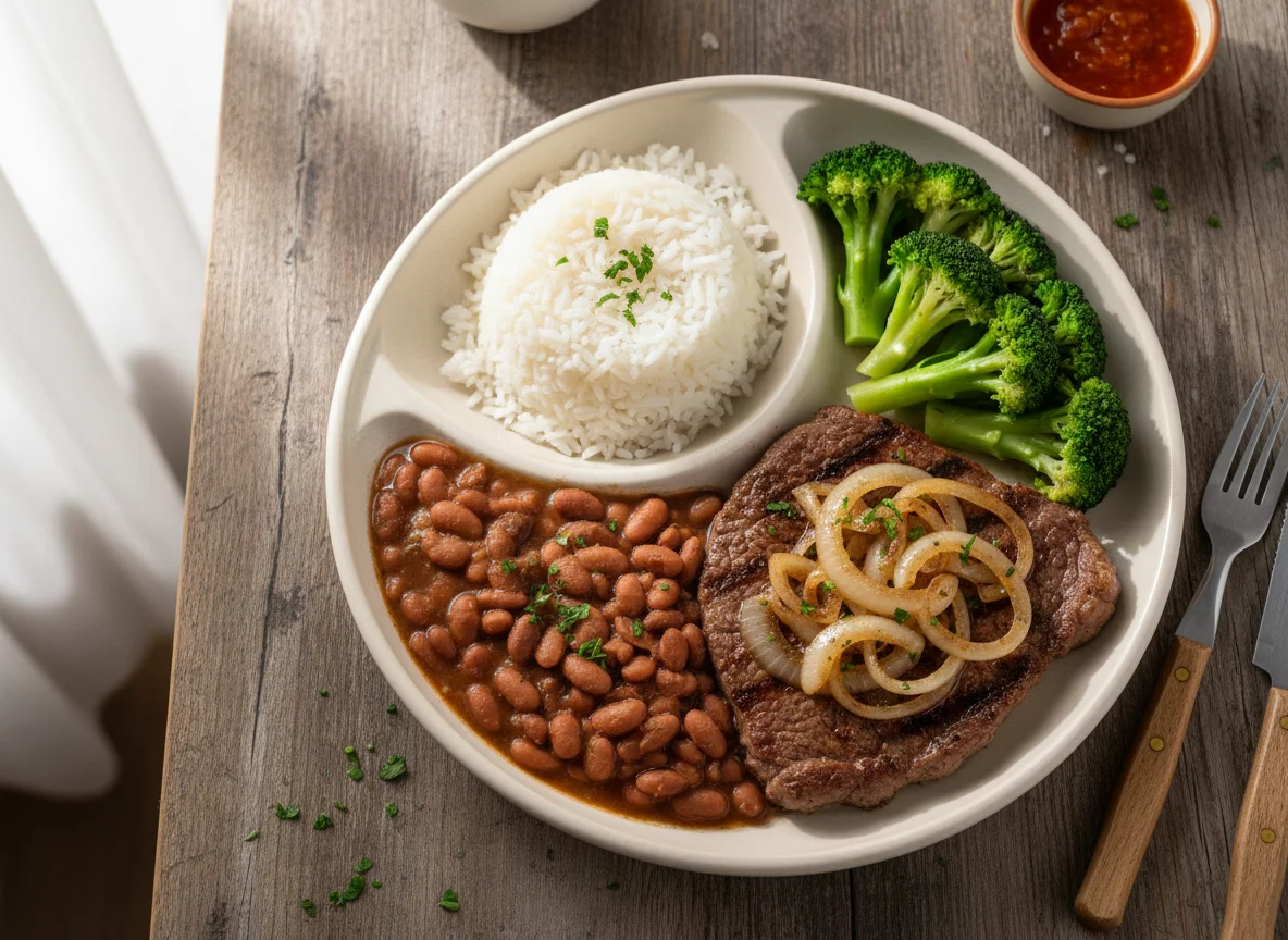 Prato feito brasileiro com bife acebolado, arroz, feijão e brócolis photo