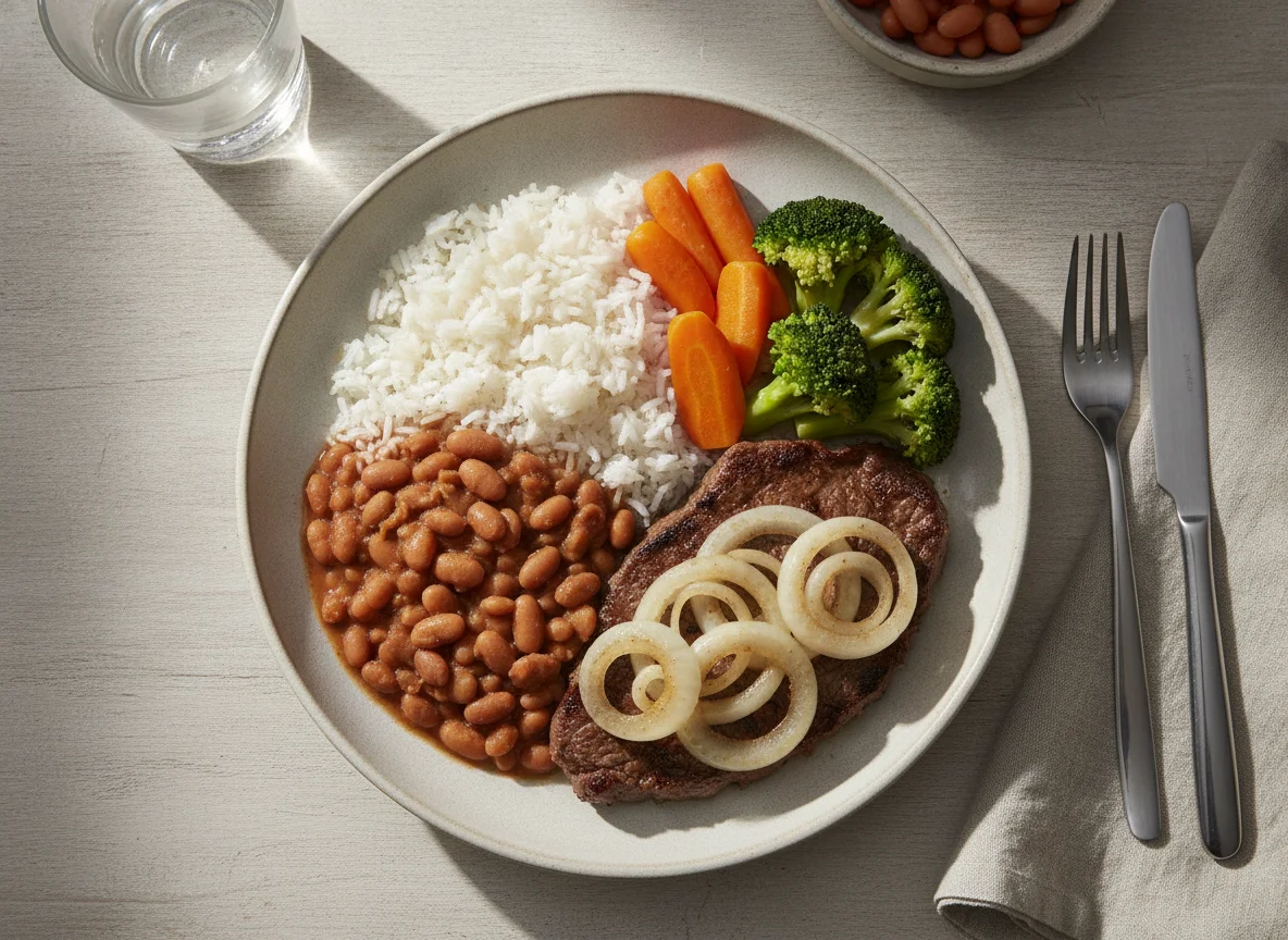 Prato feito brasileiro com bife acebolado, arroz, feijão e legumes photo
