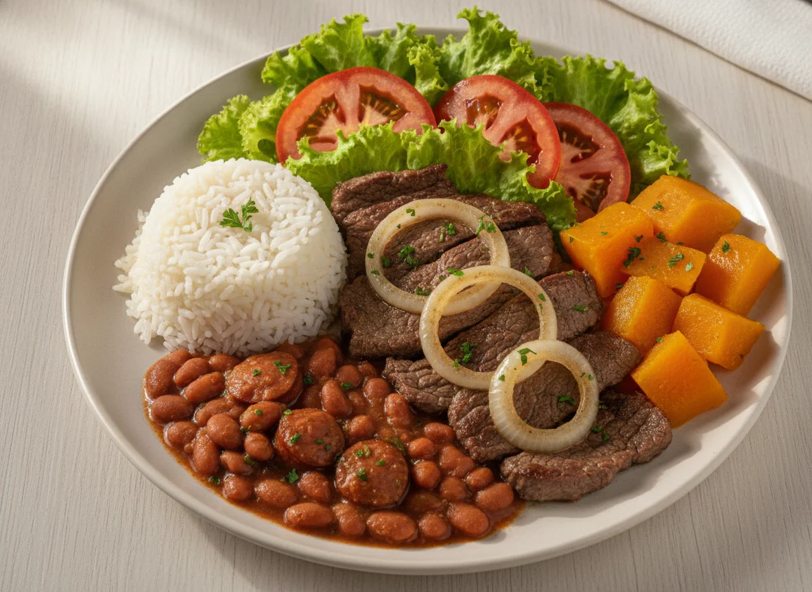 Prato Feito Brasileiro com Bife Acebolado, Arroz, Feijão, Abóbora e Salada photo