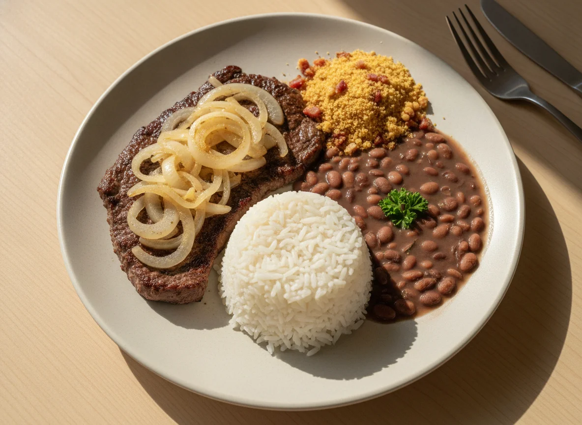 Prato feito brasileiro com bife acebolado, arroz, feijão e farofa photo
