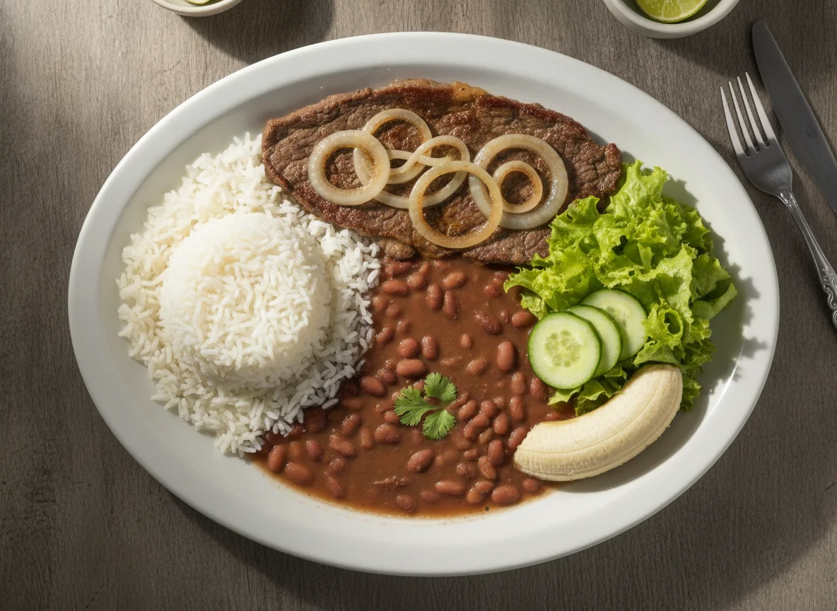 Prato Feito Brasileiro com Bife Acebolado, Arroz, Feijão, Salada e Banana photo