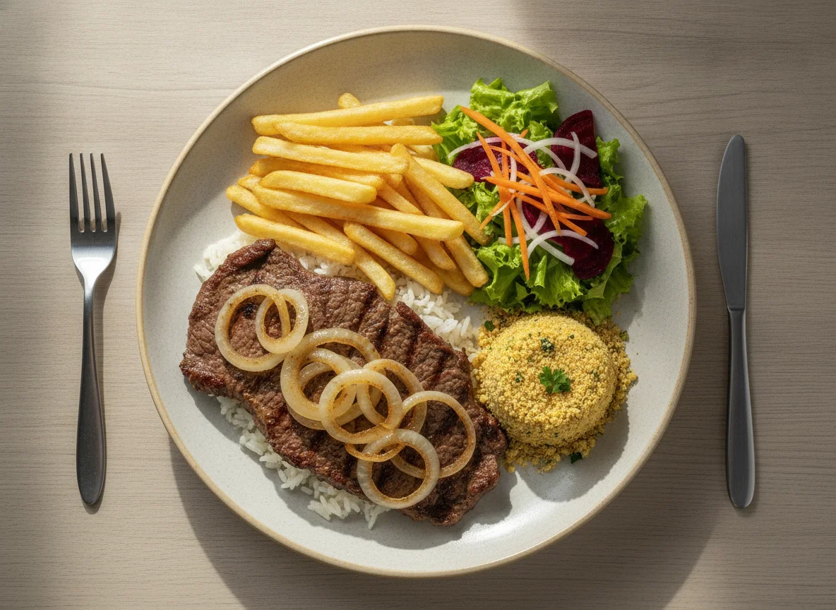 Prato Feito Brasileiro com Bife Acebolado, Batata Frita, Farofa e Salada photo