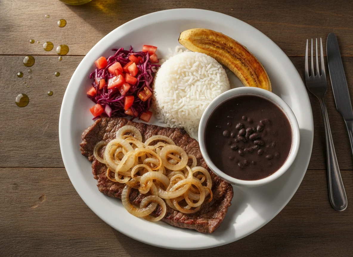 Prato Feito Brasileiro com Bife Acebolado e Banana photo
