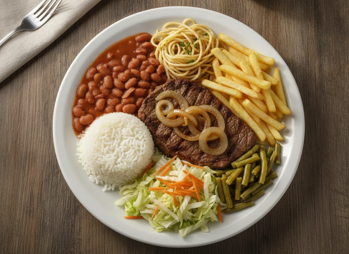 Prato Feito Brasileiro com Bife Acebolado e Batata Frita photo