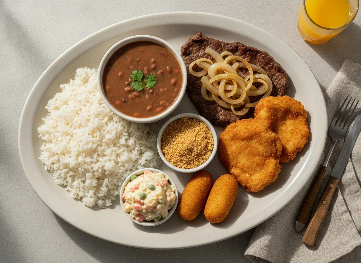 Prato Feito Brasileiro com Bife Acebolado e Frango Empanado photo