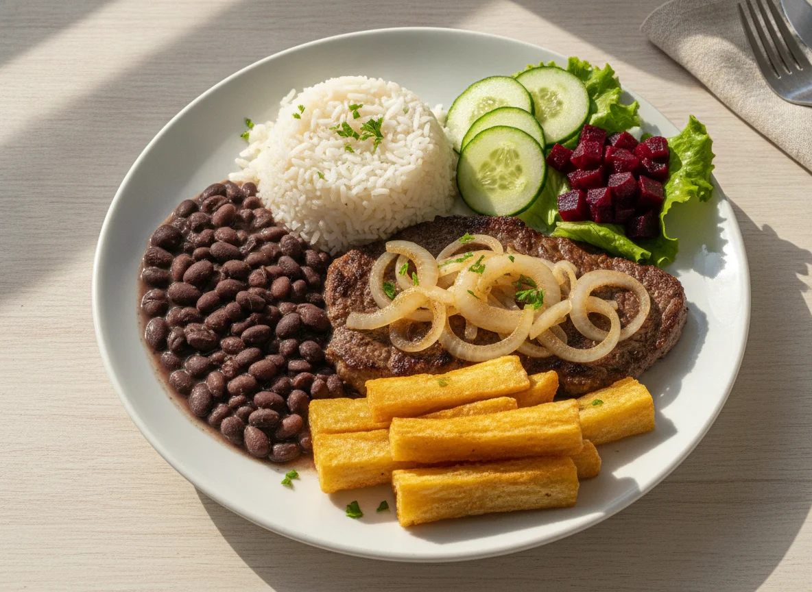 Prato Feito Brasileiro com Bife Acebolado e Mandioca photo