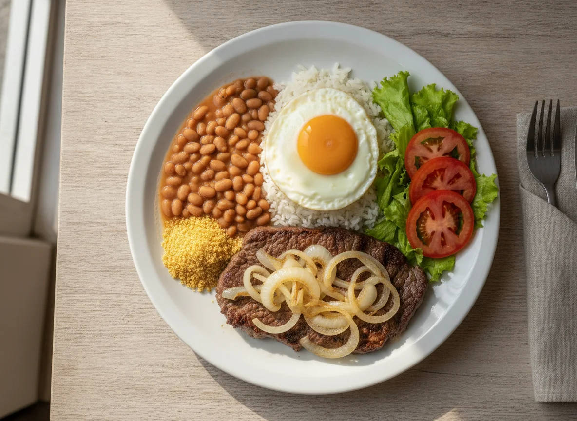 Prato Feito Brasileiro com Bife Acebolado e Ovo photo