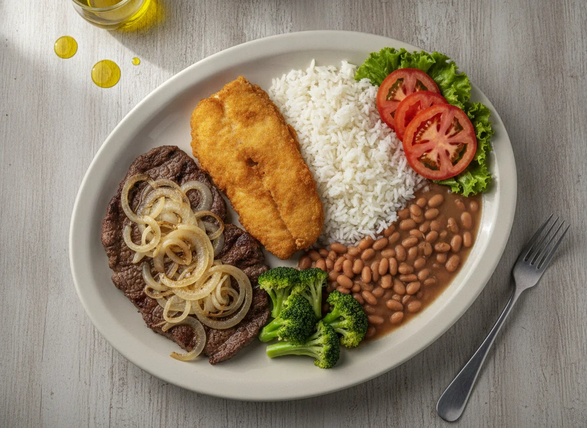 Prato Feito Brasileiro com Bife Acebolado e Peixe photo