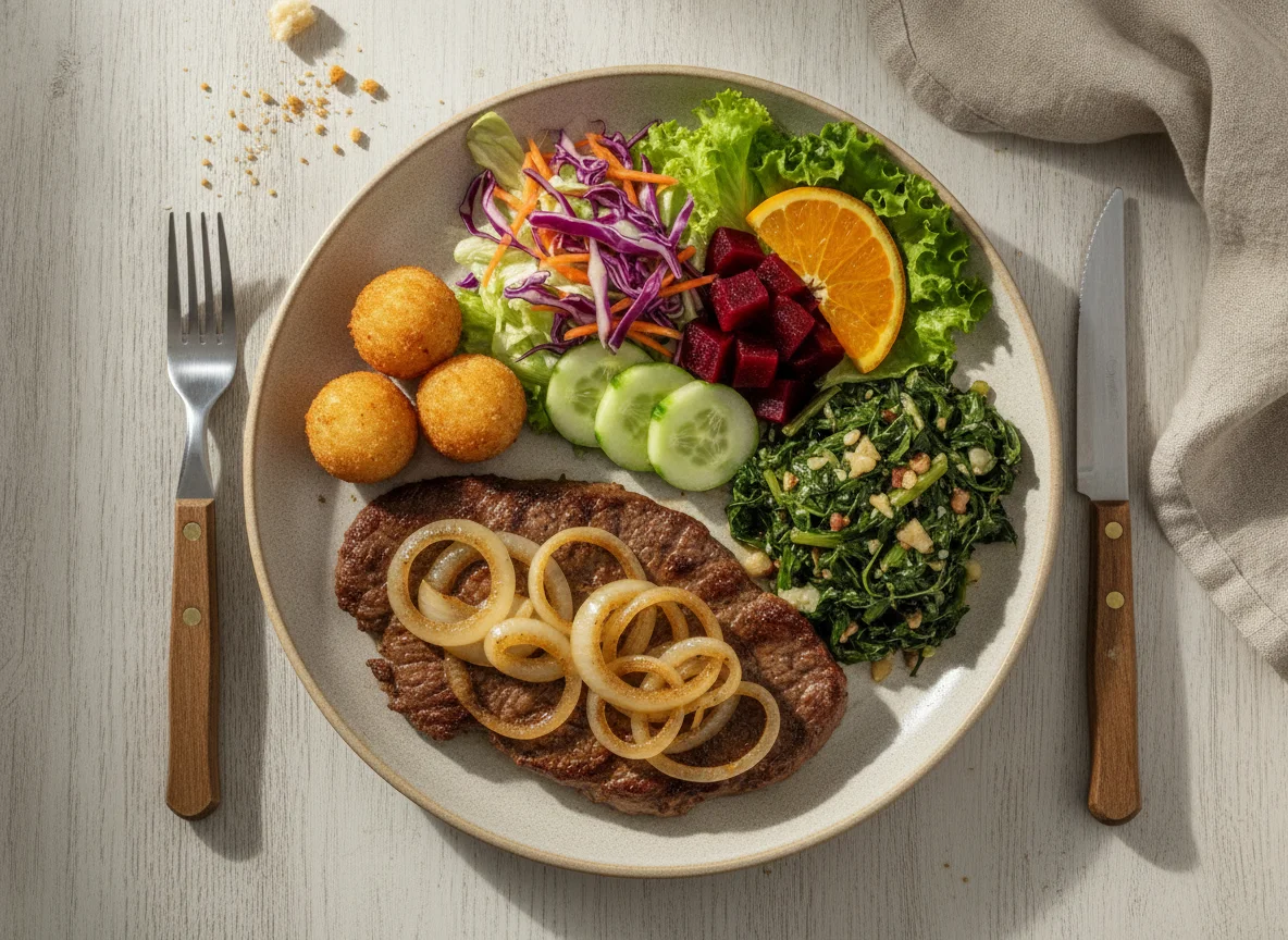 Prato Feito Brasileiro com Bife Acebolado e Salada photo