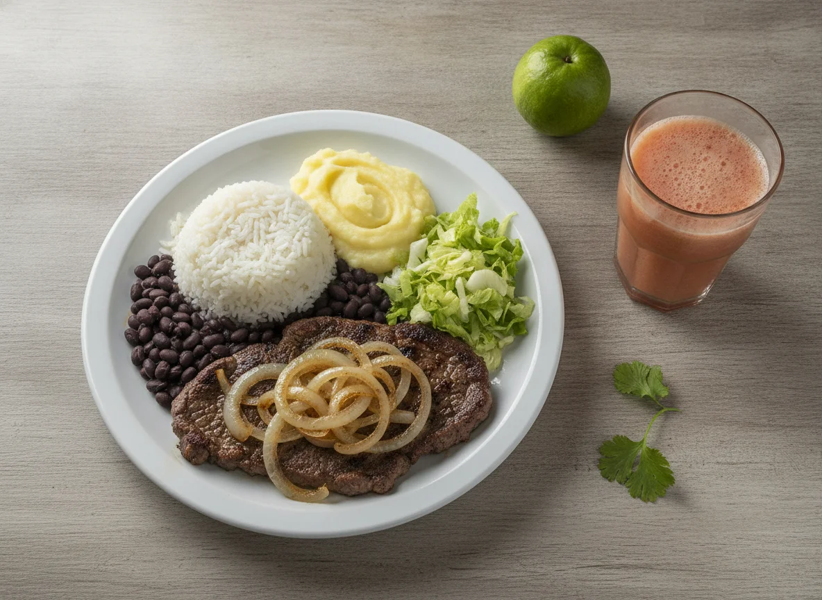 Prato Feito Brasileiro com Bife Acebolado e Suco photo