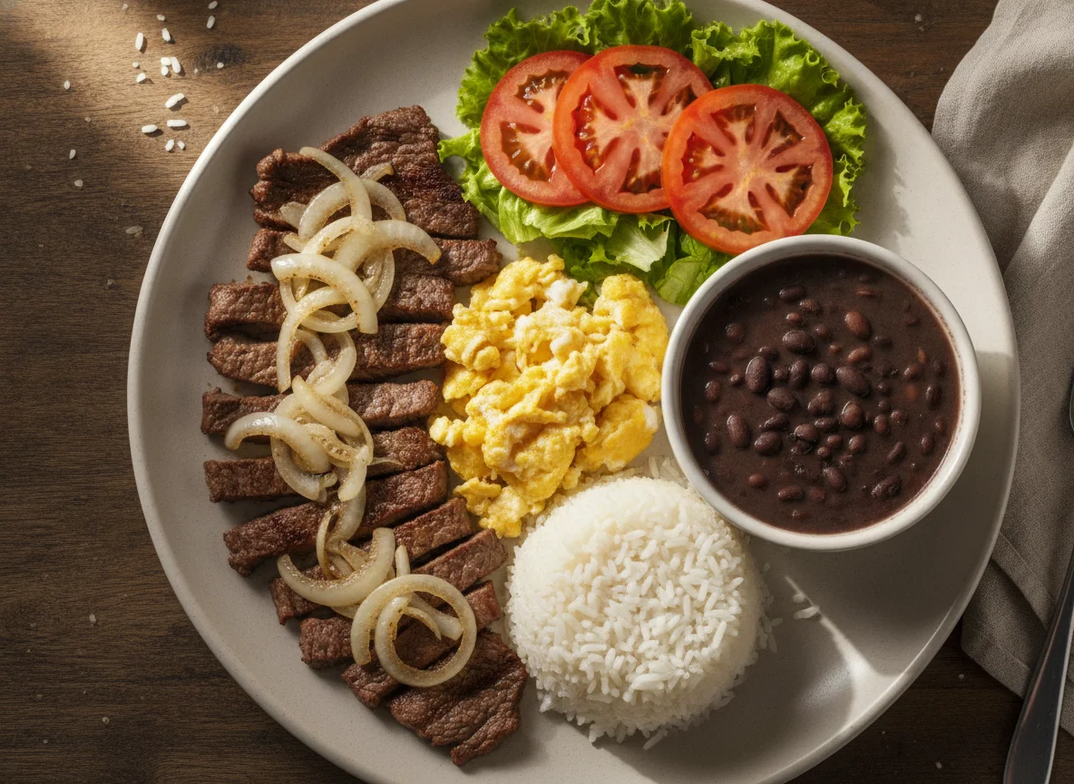 Prato feito brasileiro com bife acebolado, feijão, arroz, ovos mexidos e salada photo