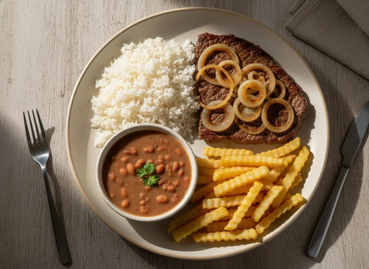 Prato feito brasileiro com bife acebolado photo