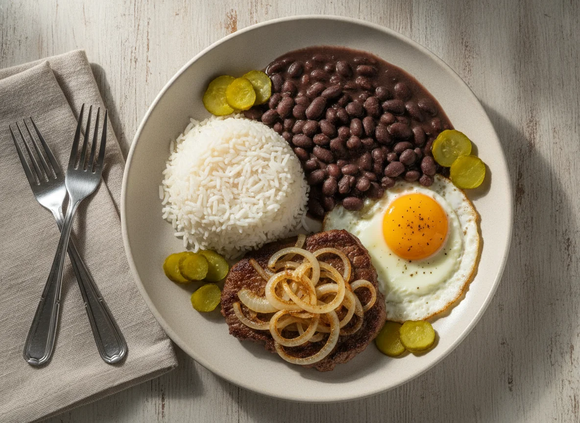 Prato feito brasileiro com bife acebolado, ovo, arroz, feijão e picles photo
