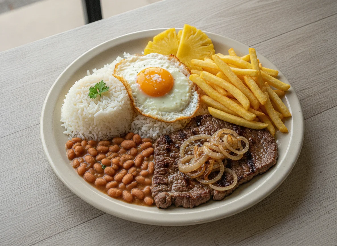 Prato Feito Brasileiro com Bife Acebolado, Ovo, Batata Frita e Abacaxi photo