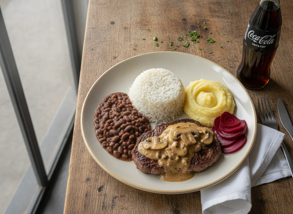Prato feito brasileiro com bife ao molho, arroz, feijão, purê e beterraba photo