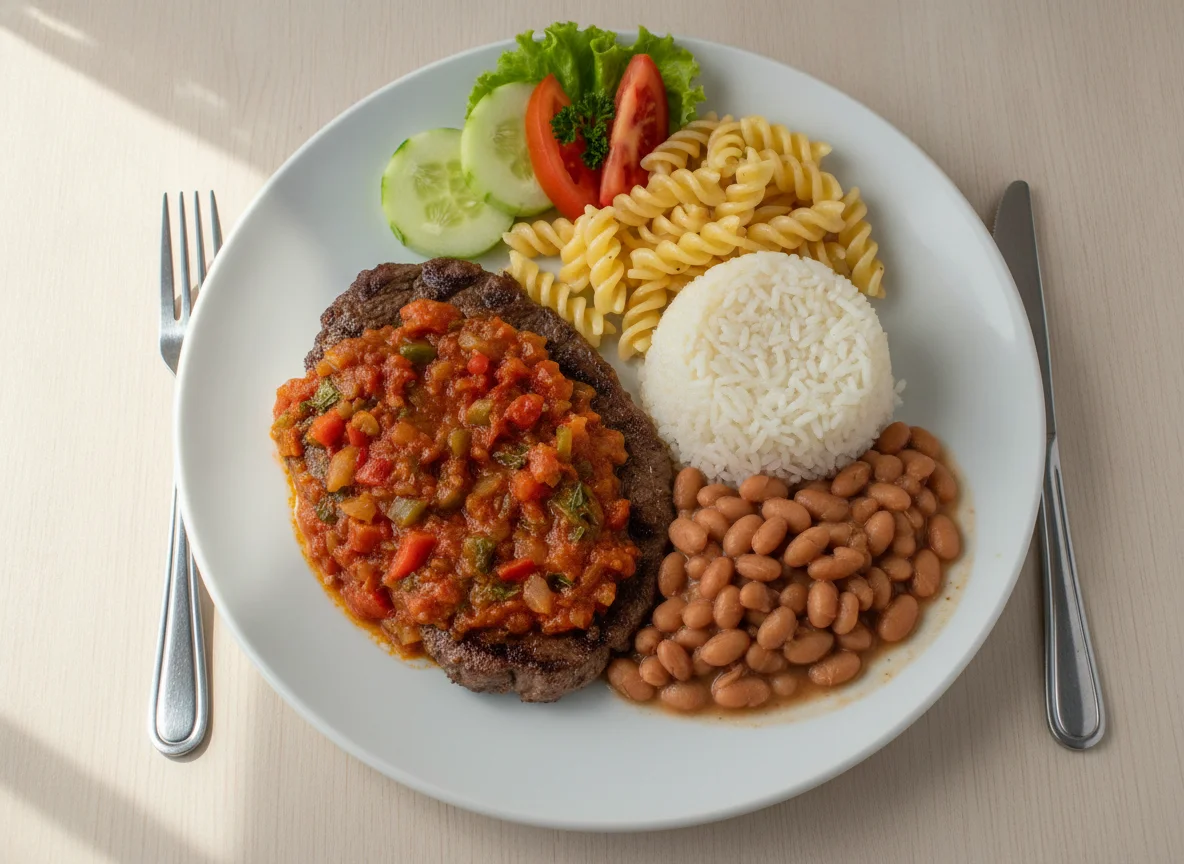 Prato Feito Brasileiro com Bife ao Molho, Macarrão, Arroz e Feijão photo