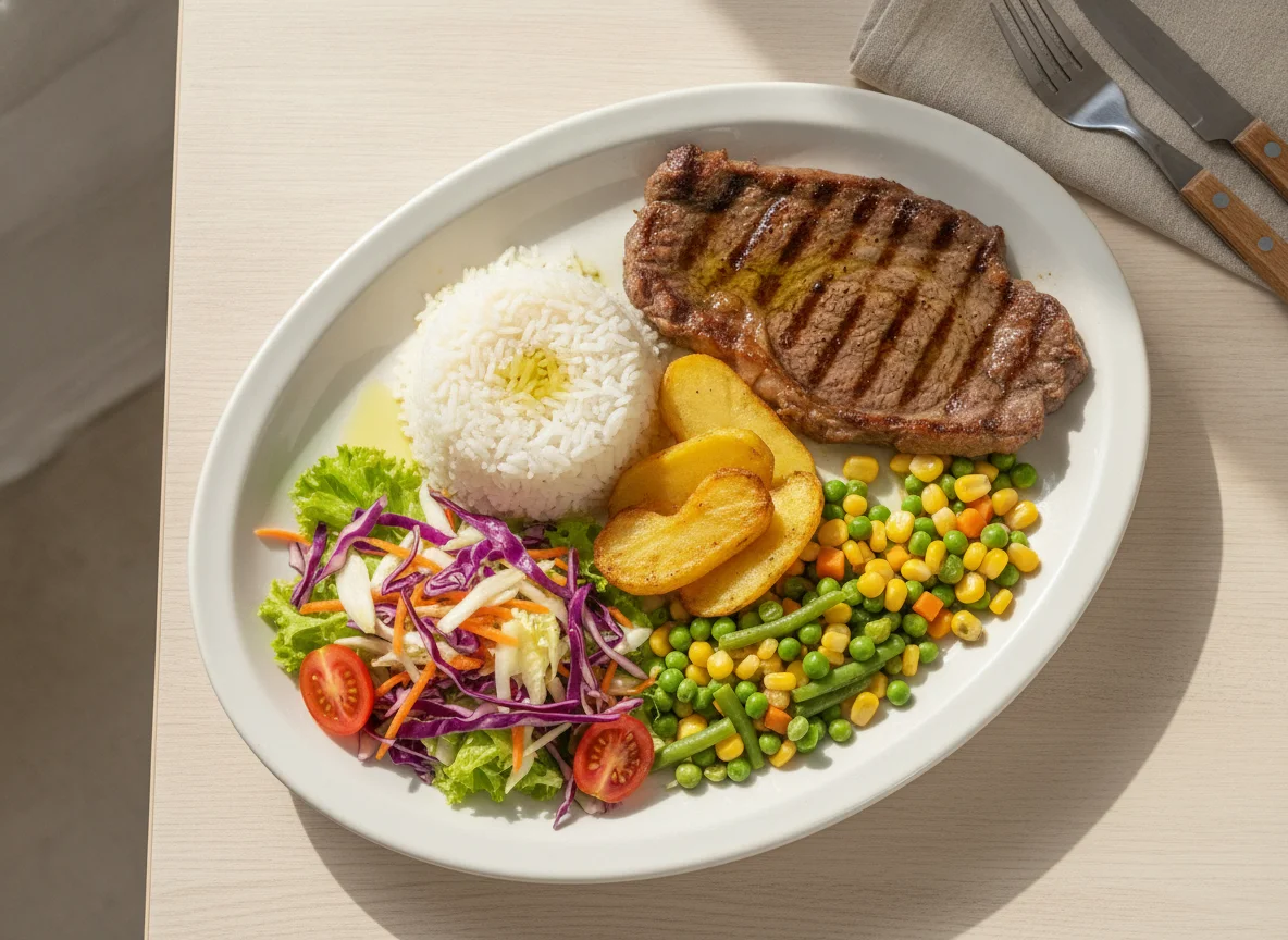 Prato feito brasileiro com bife, arroz, batata e salada photo