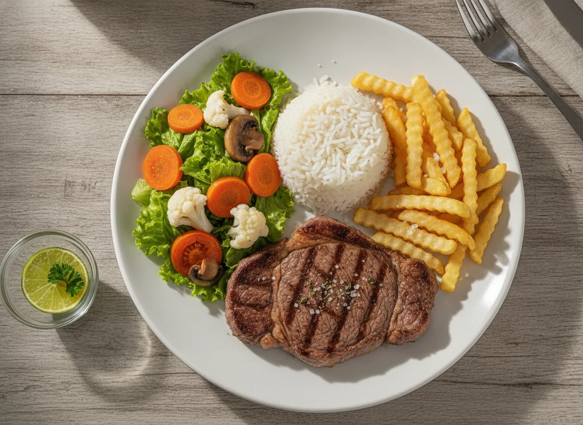 Prato feito brasileiro com bife, arroz, batata frita e salada photo