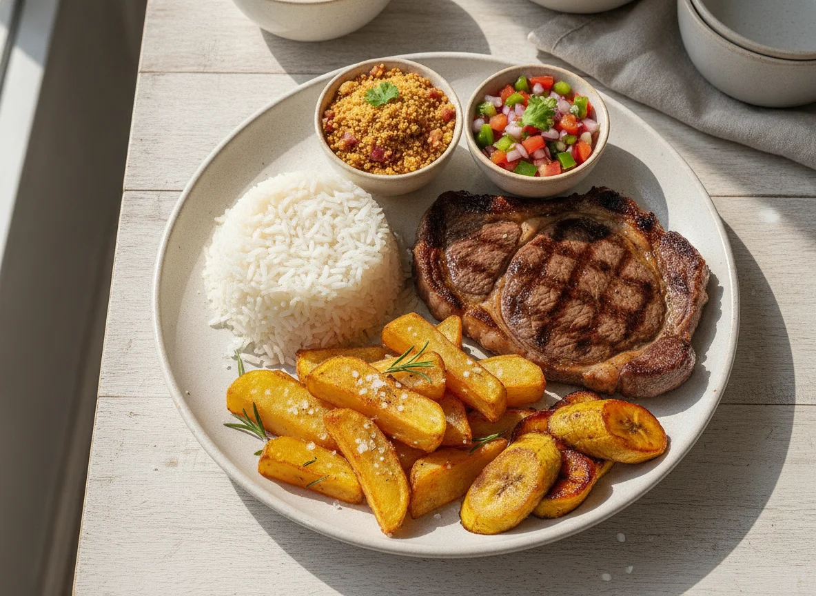 Prato Feito Brasileiro com Bife, Arroz, Batata Rústica e Acompanhamentos photo