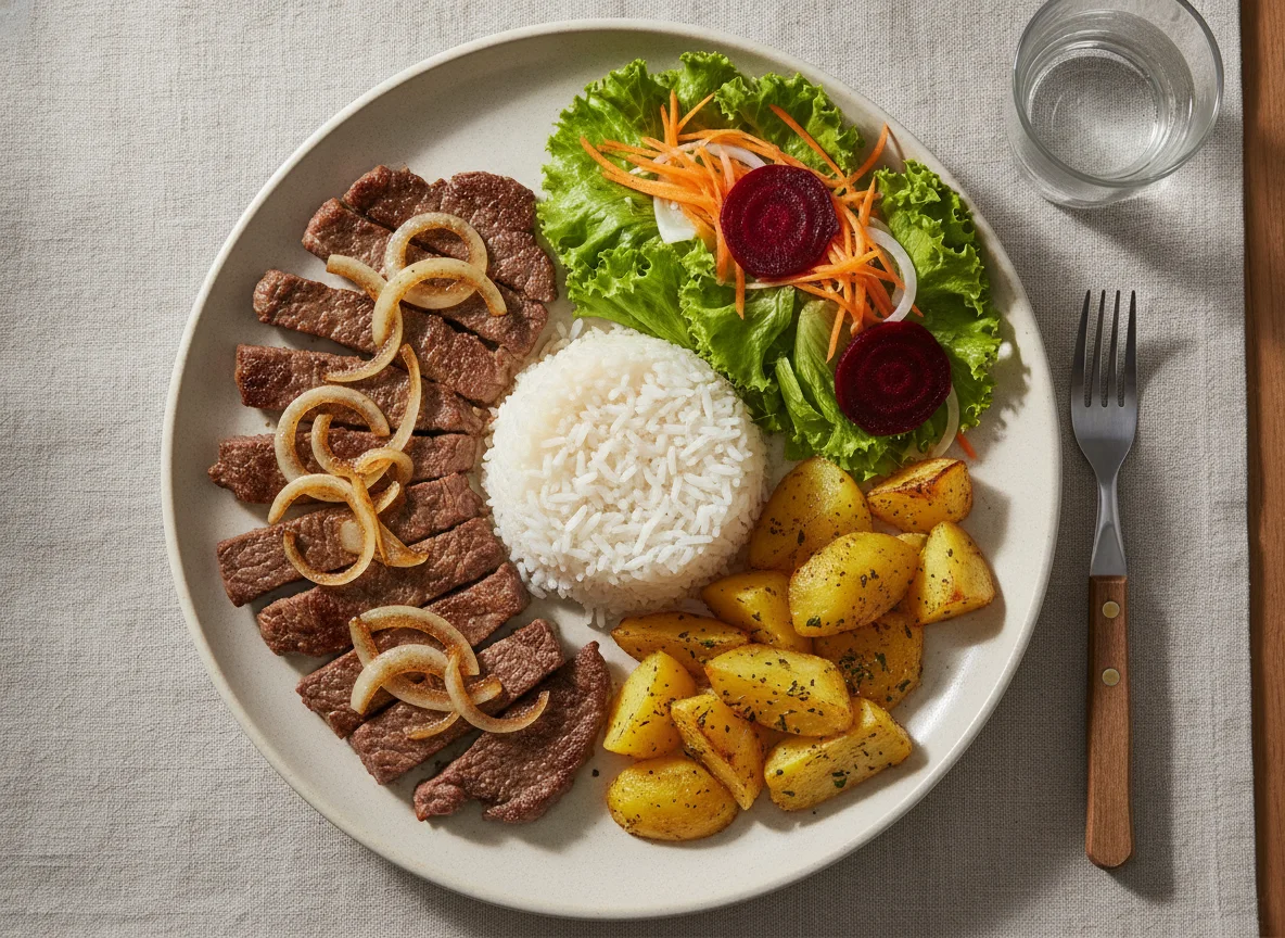 Prato feito brasileiro com bife, arroz, batatas e salada photo
