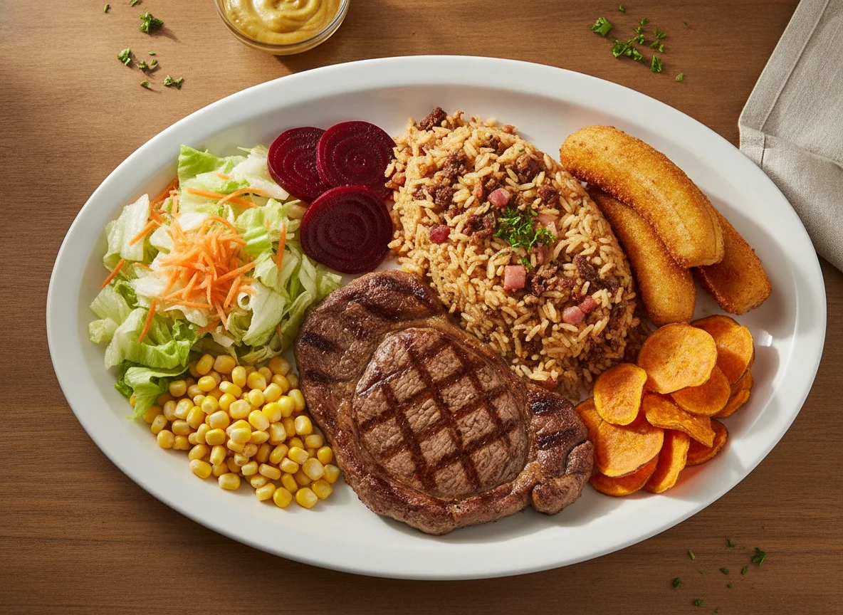Prato Feito Brasileiro com Bife, Arroz Carreteiro e Acompanhamentos photo