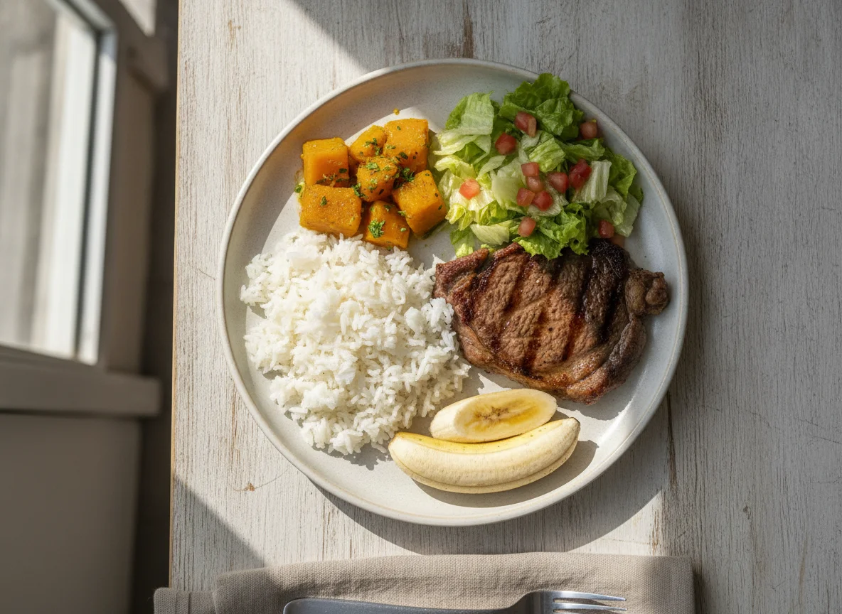 Prato feito brasileiro com bife, arroz com abóbora, salada e banana photo