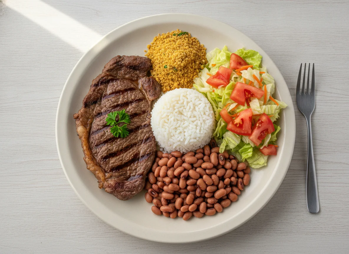 Prato Feito Brasileiro com Bife, Arroz com Feijão Fradinho, Farofa e Salada photo