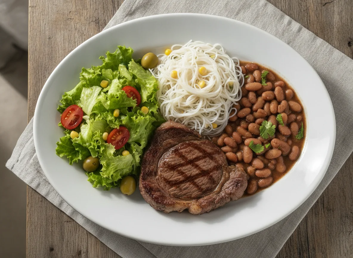 Prato feito brasileiro com bife, arroz de macarrão, feijão e salada photo