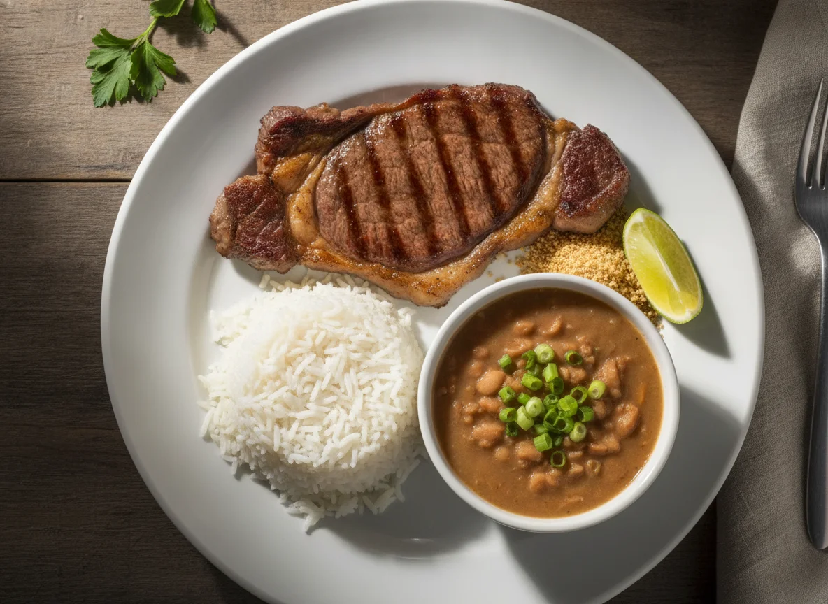 Prato feito brasileiro com bife, arroz e feijão photo