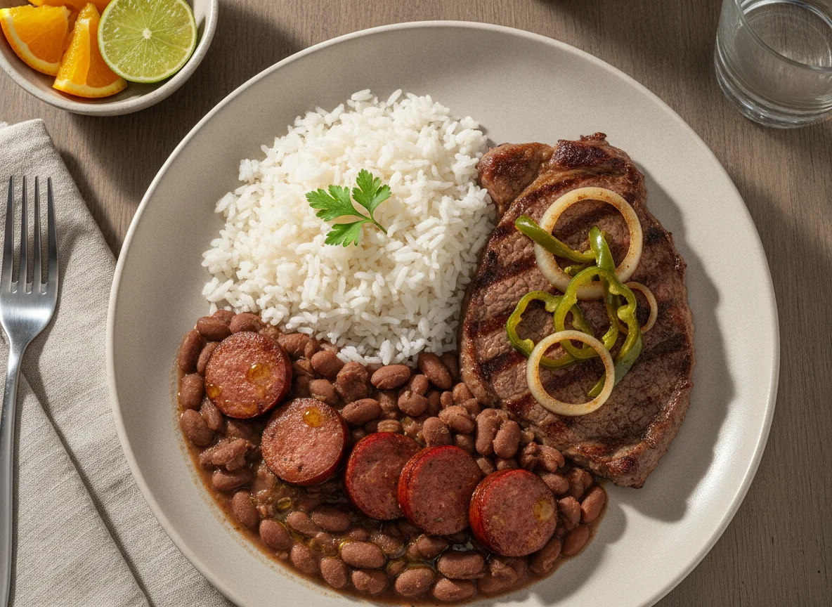 Prato Feito Brasileiro com Bife, Arroz e Feijão com Linguiça photo