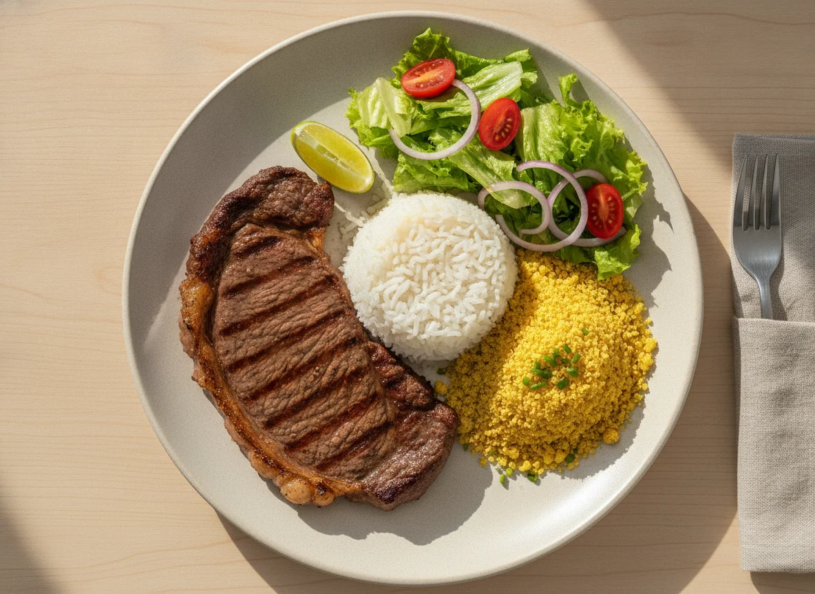 Prato feito brasileiro com bife, arroz, farofa e salada photo