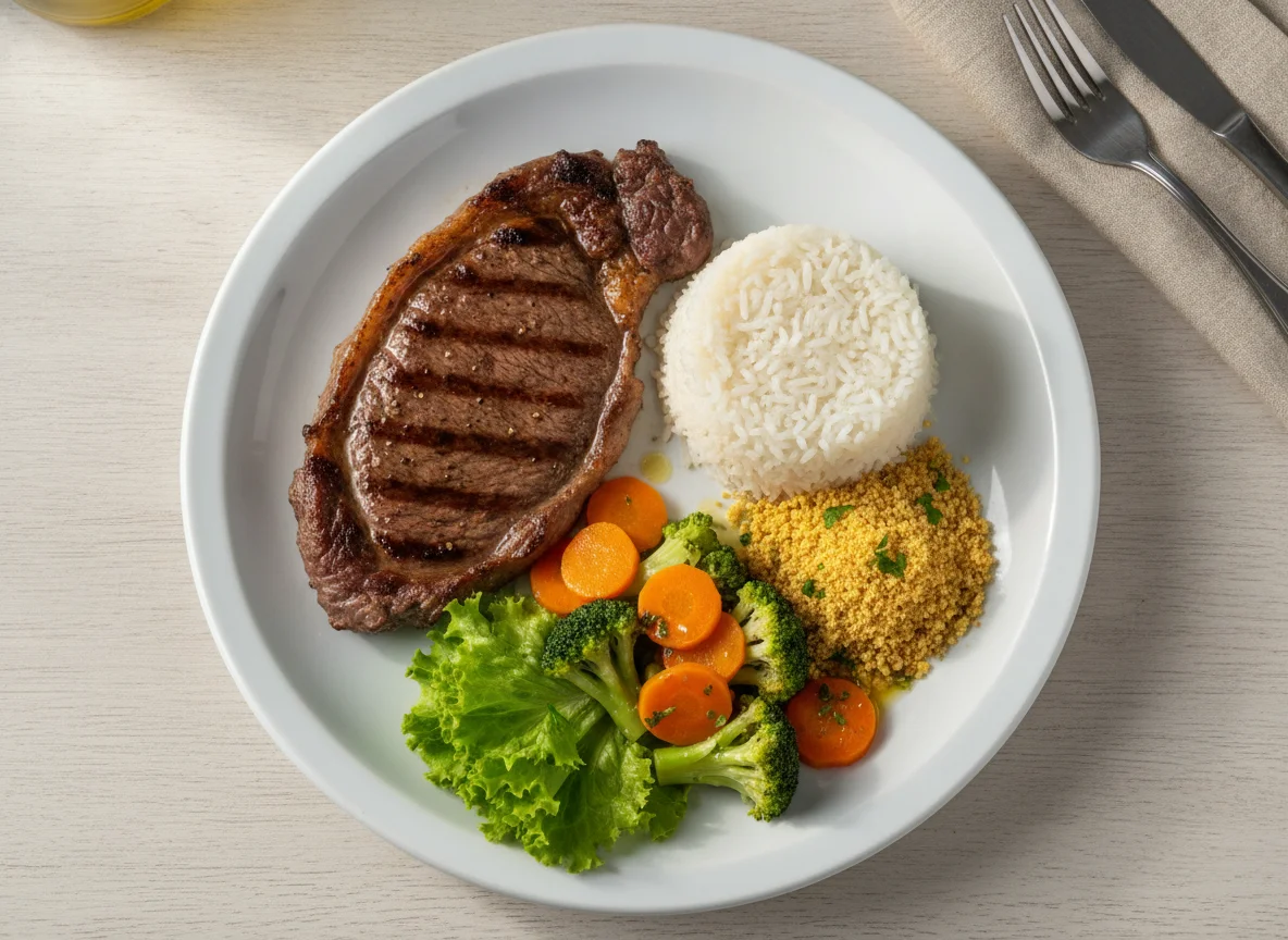 Prato Feito Brasileiro com Bife, Arroz, Farofa e Vegetais photo