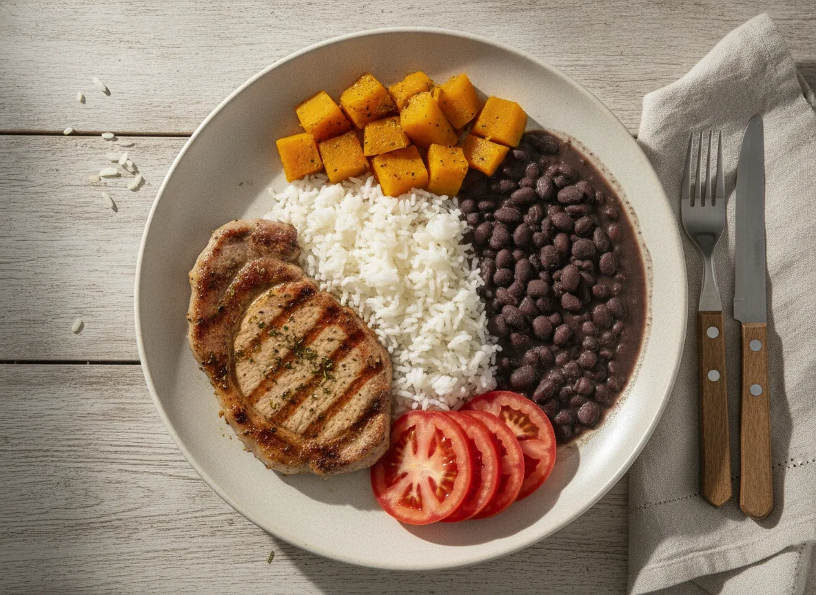 Prato feito brasileiro com bife, arroz, feijão, abóbora e tomate photo