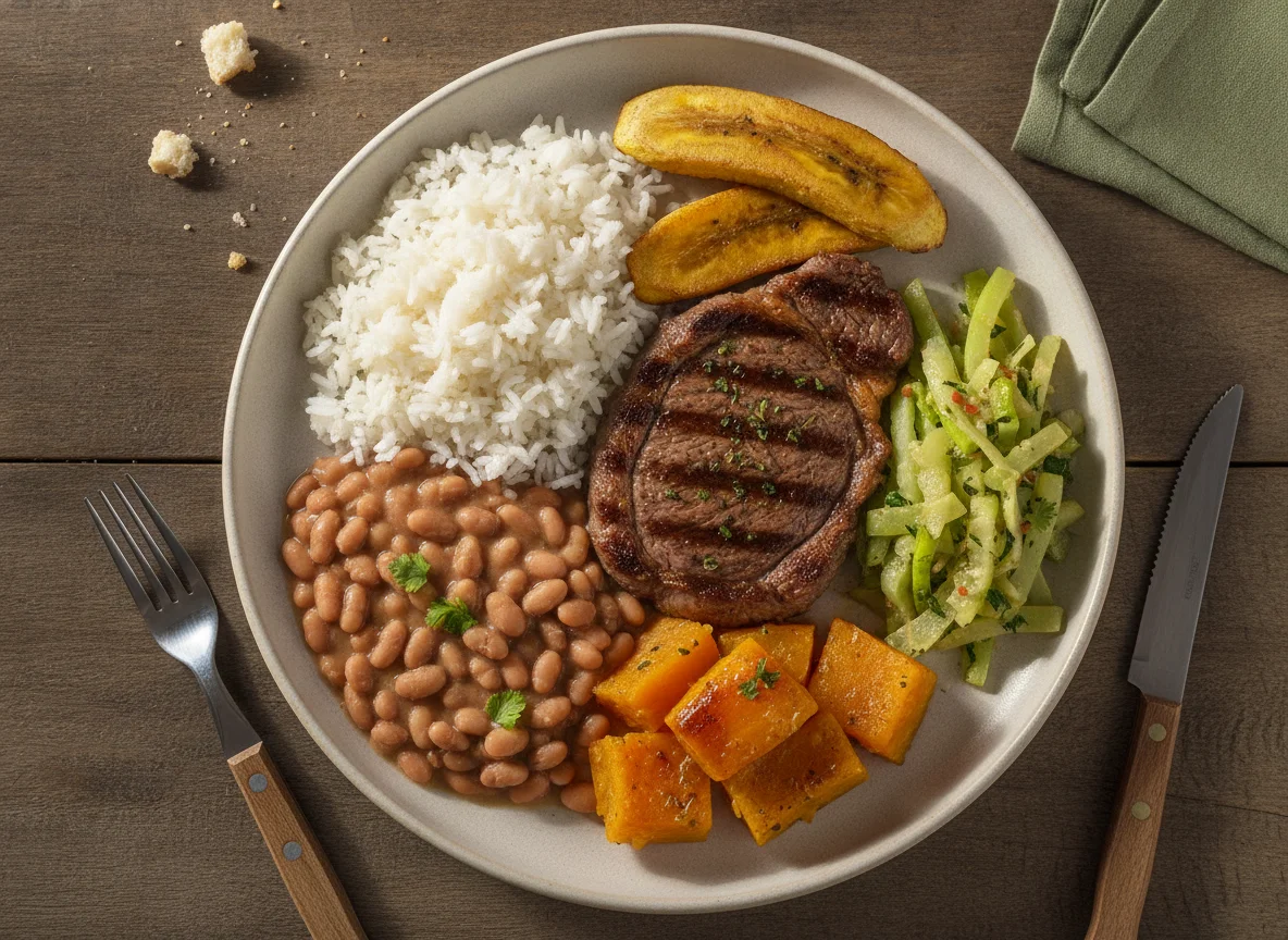 Prato feito brasileiro com bife, arroz, feijão, abóbora, banana frita e chuchu photo