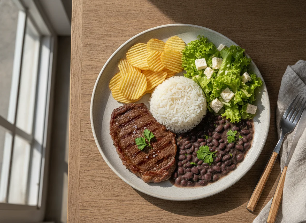 Prato Feito Brasileiro com Bife, Arroz, Feijão, Batata Chips e Salada photo