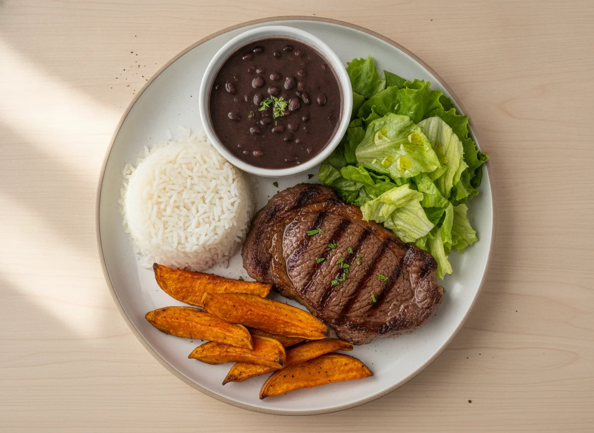 Prato Feito Brasileiro com Bife, Arroz, Feijão, Batata Doce e Salada photo