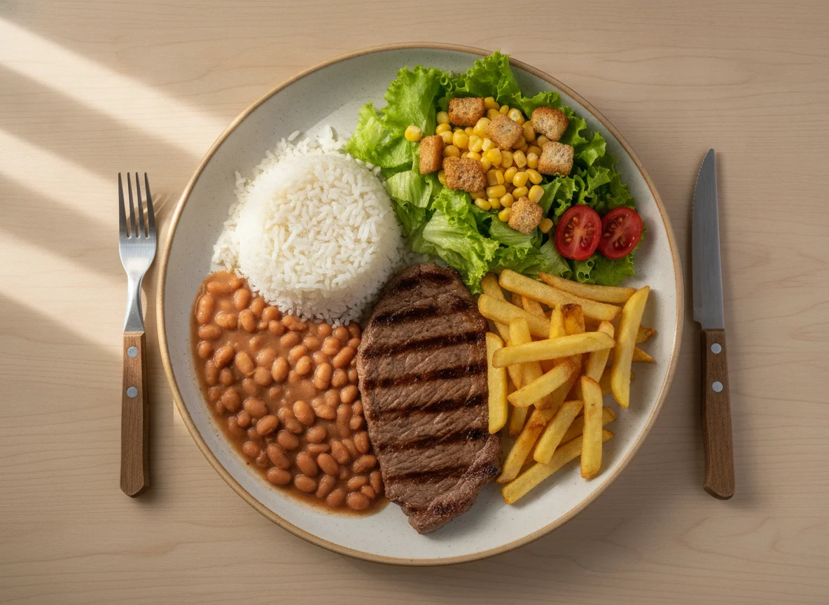 Prato Feito Brasileiro com Bife, Arroz, Feijão, Batata e Salada photo